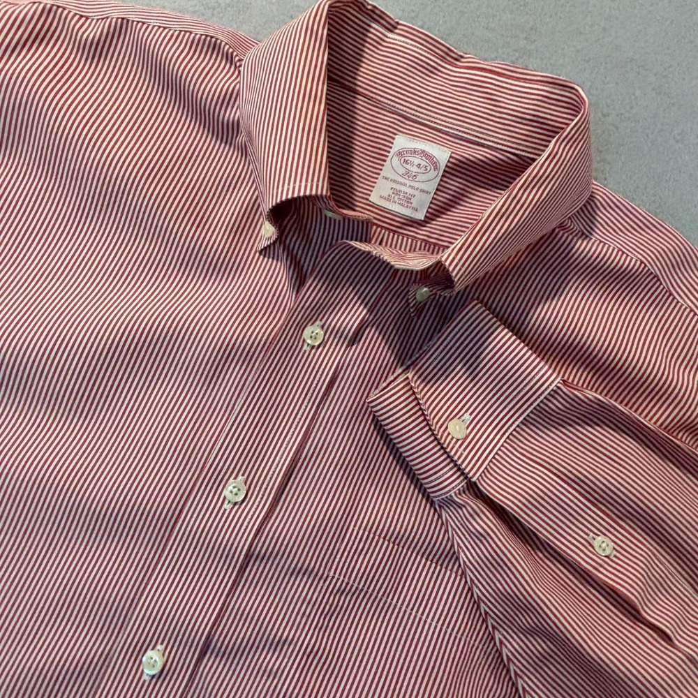 Brooks Brothers 346 Mens Regular Fit Non-Iron Red White Stripe Shirt 16.5 4/5